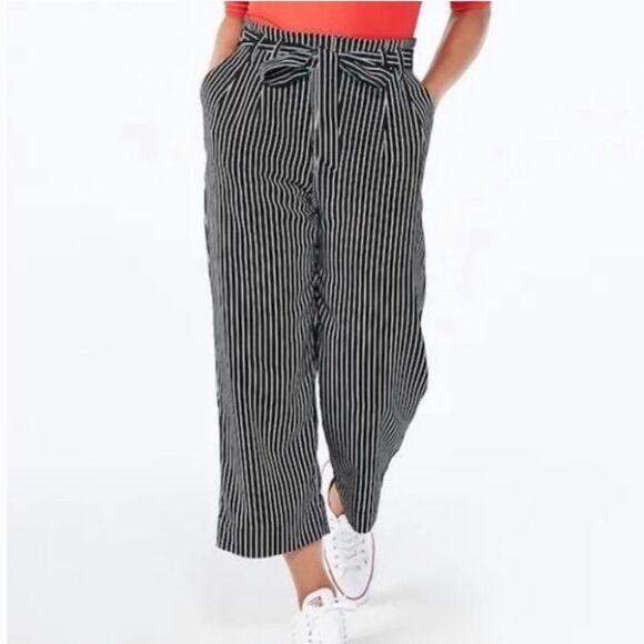 Popsugar Black White Stripe High Paperbag Waist Wide Leg Tie Waist Crop Pants S - Picture 1 of 8